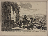 TvB G 0653
<br/>
Landschap met een man met een fluit rijdend op een rund.
<br/>
<em>Danckerts, Dancker (1633/34-1666)</em>